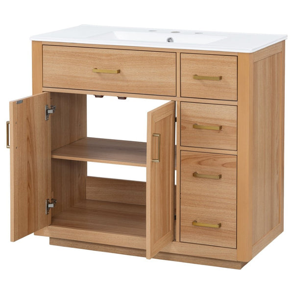 English Elm 36 Inch Bathroom Vanity Rubberwood Frame Ceramic Sink Soft Close Drawers Modern Bath N725S469777N