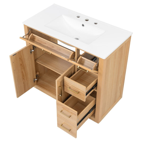 English Elm 36 Inch Bathroom Vanity Rubberwood Frame Ceramic Sink Soft Close Drawers Modern Bath N725S469777N