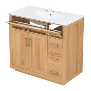 English Elm 36 Inch Bathroom Vanity Rubberwood Frame Ceramic Sink Soft Close Drawers Modern Bath N725S469777N