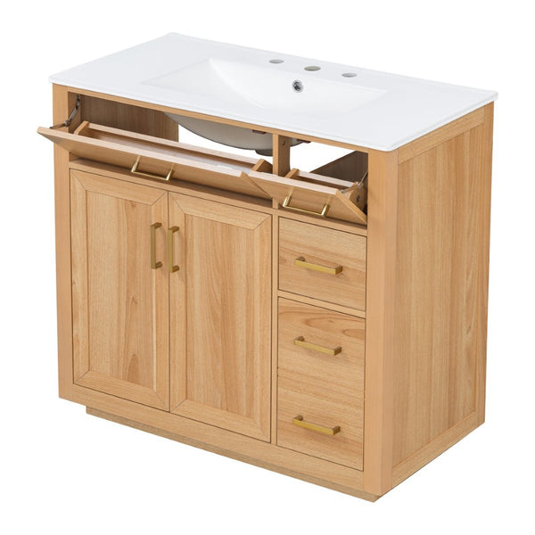 English Elm 36 Inch Bathroom Vanity Rubberwood Frame Ceramic Sink Soft Close Drawers Modern Bath N725S469777N