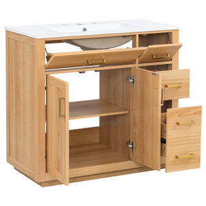 English Elm 36 Inch Bathroom Vanity Rubberwood Frame Ceramic Sink Soft Close Drawers Modern Bath N725S469777N