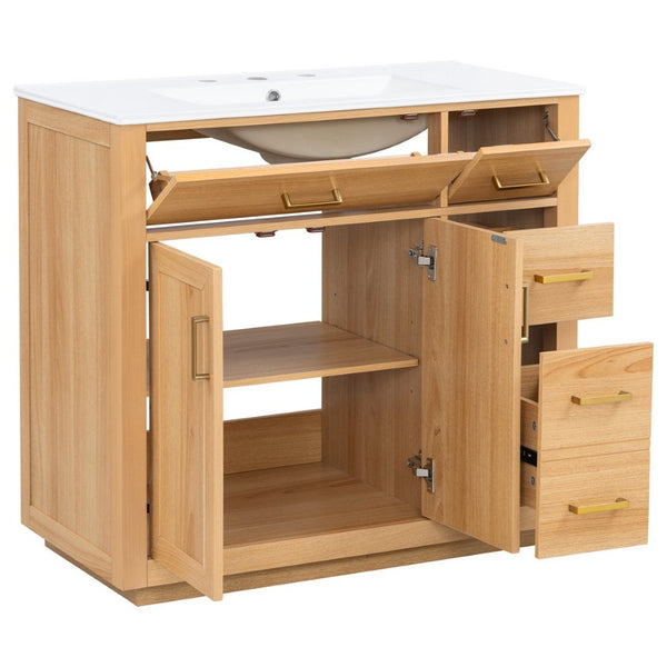 English Elm 36 Inch Bathroom Vanity Rubberwood Frame Ceramic Sink Soft Close Drawers Modern Bath N725S469777N