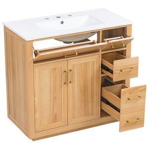 English Elm 36 Inch Bathroom Vanity Rubberwood Frame Ceramic Sink Soft Close Drawers Modern Bath N725S469777N