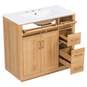 English Elm 36 Inch Bathroom Vanity Rubberwood Frame Ceramic Sink Soft Close Drawers Modern Bath N725S469777N