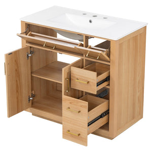 English Elm 36 Inch Bathroom Vanity Rubberwood Frame Ceramic Sink Soft Close Drawers Modern Bath N725S469777N