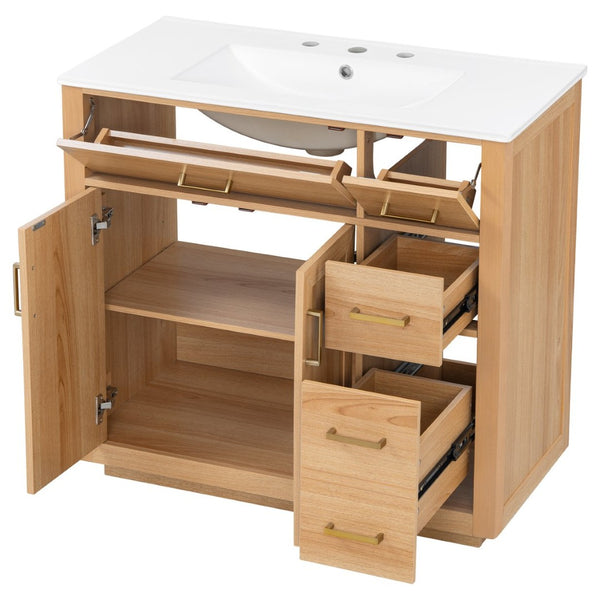 English Elm 36 Inch Bathroom Vanity Rubberwood Frame Ceramic Sink Soft Close Drawers Modern Bath N725S469777N