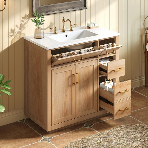 English Elm 36 Inch Bathroom Vanity Rubberwood Frame Ceramic Sink Soft Close Drawers Modern Bath N725S469777N