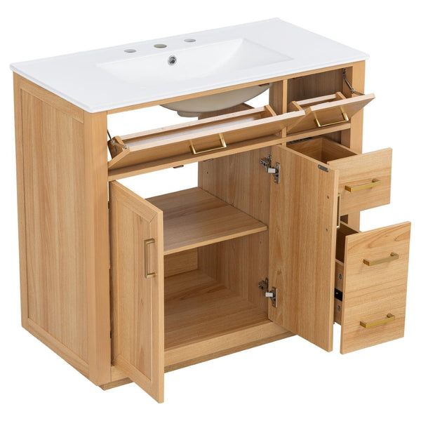 English Elm 36 Inch Bathroom Vanity Rubberwood Frame Ceramic Sink Soft Close Drawers Modern Bath N725S469777N