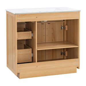 English Elm 36 Inch Bathroom Vanity Rubberwood Frame Ceramic Sink Soft Close Drawers Modern Bath N725S469777N