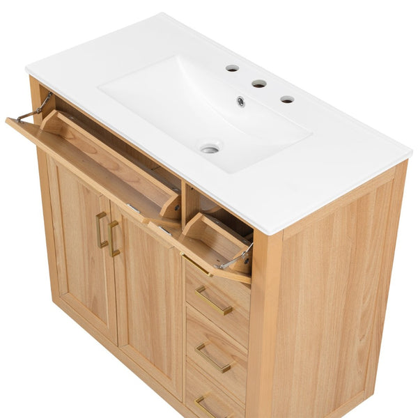 English Elm 36 Inch Bathroom Vanity Rubberwood Frame Ceramic Sink Soft Close Drawers Modern Bath N725S469777N