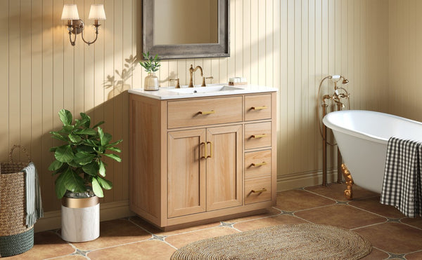English Elm 36 Inch Bathroom Vanity Rubberwood Frame Ceramic Sink Soft Close Drawers Modern Bath N725S469777N