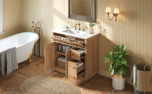 English Elm 36 Inch Bathroom Vanity Rubberwood Frame Ceramic Sink Soft Close Drawers Modern Bath N725S469777N