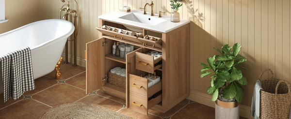 English Elm 36 Inch Bathroom Vanity Rubberwood Frame Ceramic Sink Soft Close Drawers Modern Bath N725S469777N
