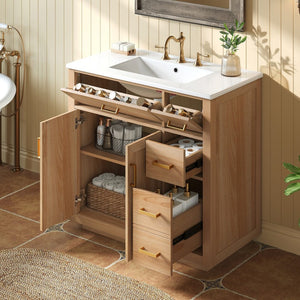 English Elm 36 Inch Bathroom Vanity Rubberwood Frame Ceramic Sink Soft Close Drawers Modern Bath N725S469777N