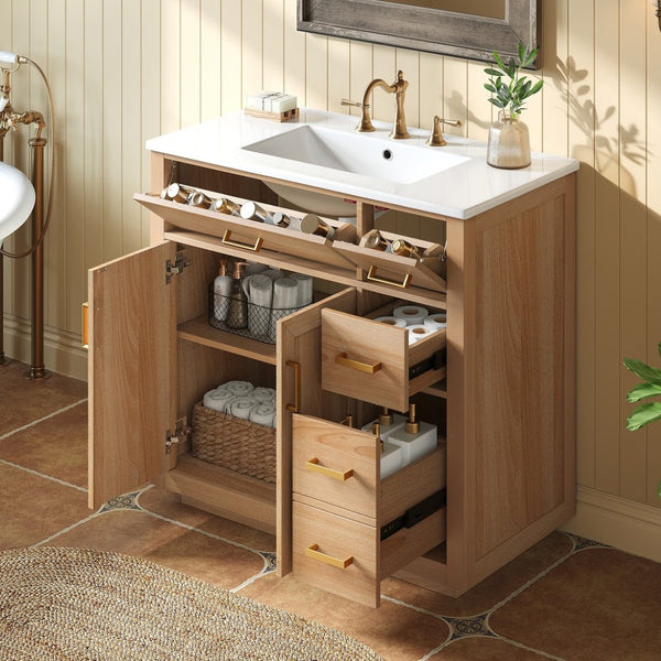 English Elm 36 Inch Bathroom Vanity Rubberwood Frame Ceramic Sink Soft Close Drawers Modern Bath N725S469777N