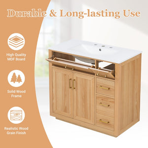 English Elm 36 Inch Bathroom Vanity Rubberwood Frame Ceramic Sink Soft Close Drawers Modern Bath N725S469777N