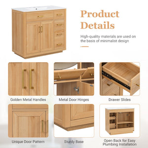 English Elm 36 Inch Bathroom Vanity Rubberwood Frame Ceramic Sink Soft Close Drawers Modern Bath N725S469777N