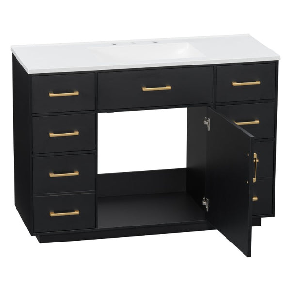 English Elm 48 Inch Freestanding Bathroom Vanity MDF Cabinet with SMC Sink Gold Handles 7 Drawers With Sink Top N725S491307B