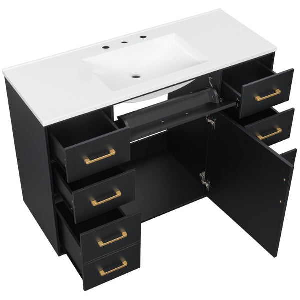 English Elm 48 Inch Freestanding Bathroom Vanity MDF Cabinet with SMC Sink Gold Handles 7 Drawers With Sink Top N725S491307B