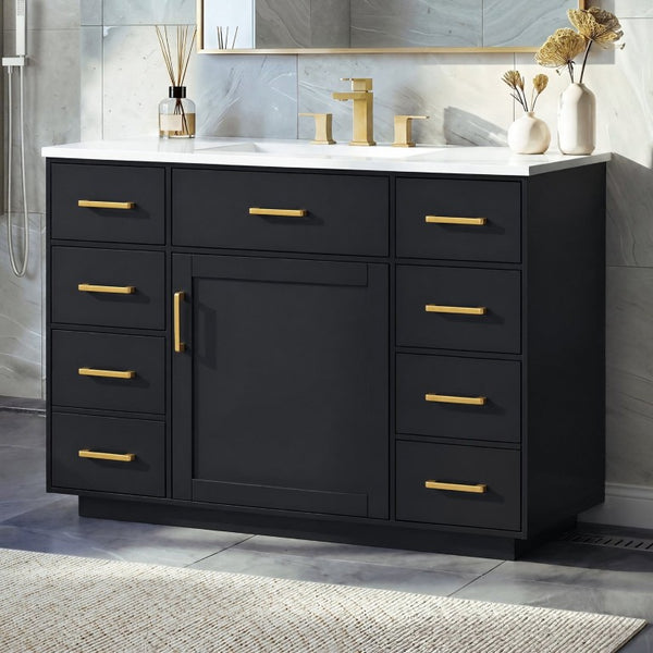 English Elm 48 Inch Freestanding Bathroom Vanity MDF Cabinet with SMC Sink Gold Handles 7 Drawers With Sink Top N725S491307B