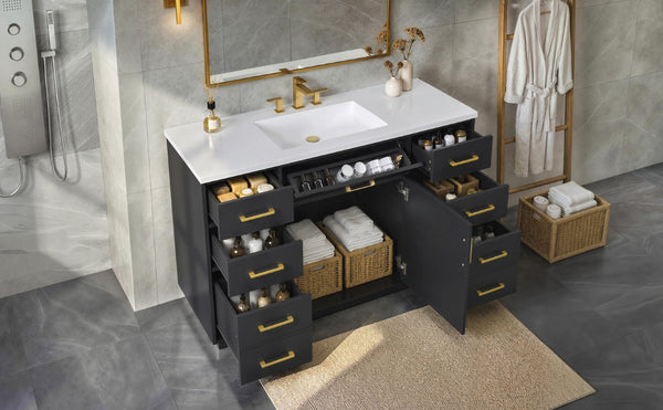 English Elm 48 Inch Freestanding Bathroom Vanity MDF Cabinet with SMC Sink Gold Handles 7 Drawers With Sink Top N725S491307B