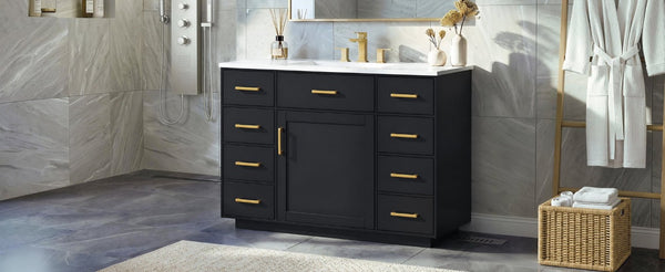 English Elm 48 Inch Freestanding Bathroom Vanity MDF Cabinet with SMC Sink Gold Handles 7 Drawers With Sink Top N725S491307B