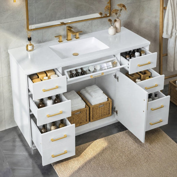 English Elm 48 Inch Matte Bathroom Vanity Base with 6 Pull Out Drawers Soft Close Door Storage White N725S491307K