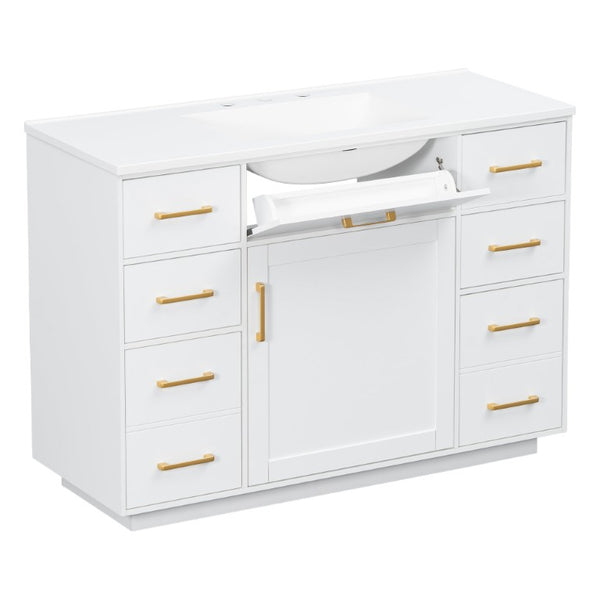 English Elm 48 Inch Matte Bathroom Vanity Base with 6 Pull Out Drawers Soft Close Door Storage White N725S491307K