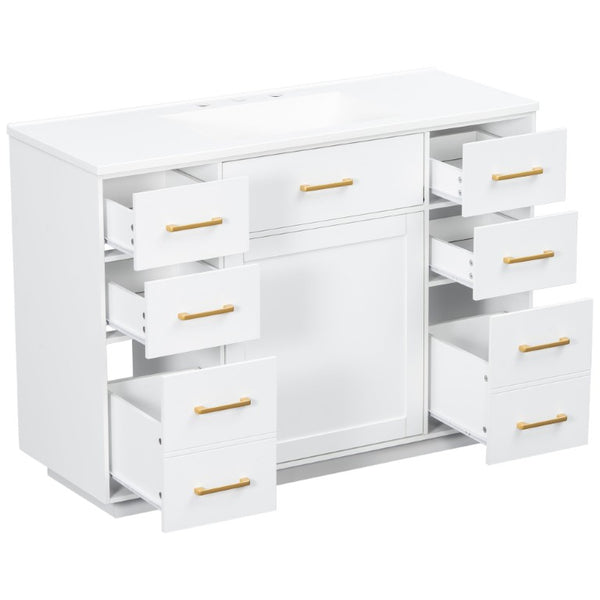 English Elm 48 Inch Matte Bathroom Vanity Base with 6 Pull Out Drawers Soft Close Door Storage White N725S491307K