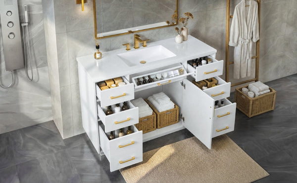 English Elm 48 Inch Matte Bathroom Vanity Base with 6 Pull Out Drawers Soft Close Door Storage White N725S491307K
