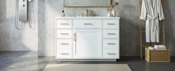 English Elm 48 Inch Matte Bathroom Vanity Base with 6 Pull Out Drawers Soft Close Door Storage White N725S491307K