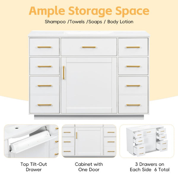 English Elm 48 Inch Matte Bathroom Vanity Base with 6 Pull Out Drawers Soft Close Door Storage White N725S491307K