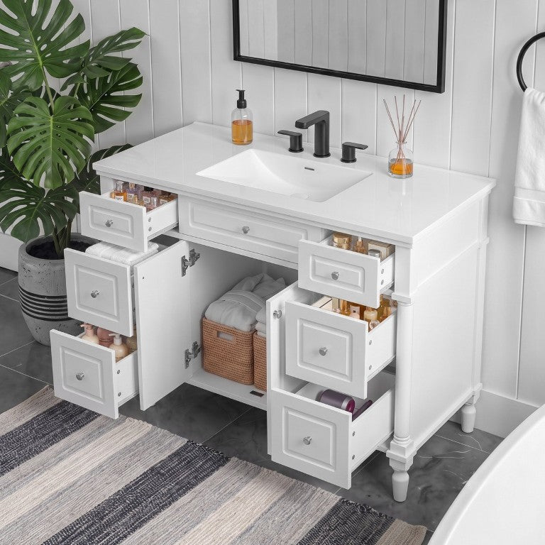 English Elm Video 48 Inch Freestanding Bathroom Vanity Rubberwood Legs Six Drawers Soft Close White N725S525853K