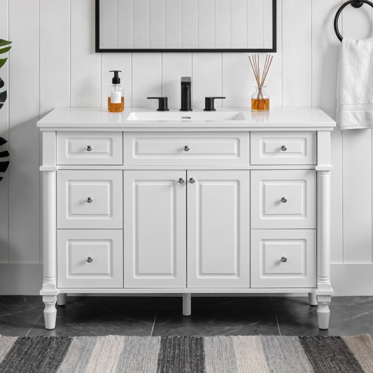 English Elm Video 48 Inch Freestanding Bathroom Vanity Rubberwood Legs Six Drawers Soft Close White N725S525853K