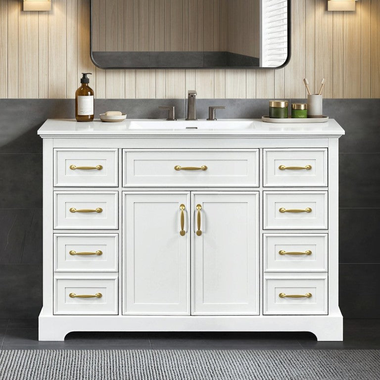 English Elm Video 48 Inch Freestanding Bathroom Vanity White MDF Gold Hardware Soft Close Storage Vanity with Sink N725S525855K