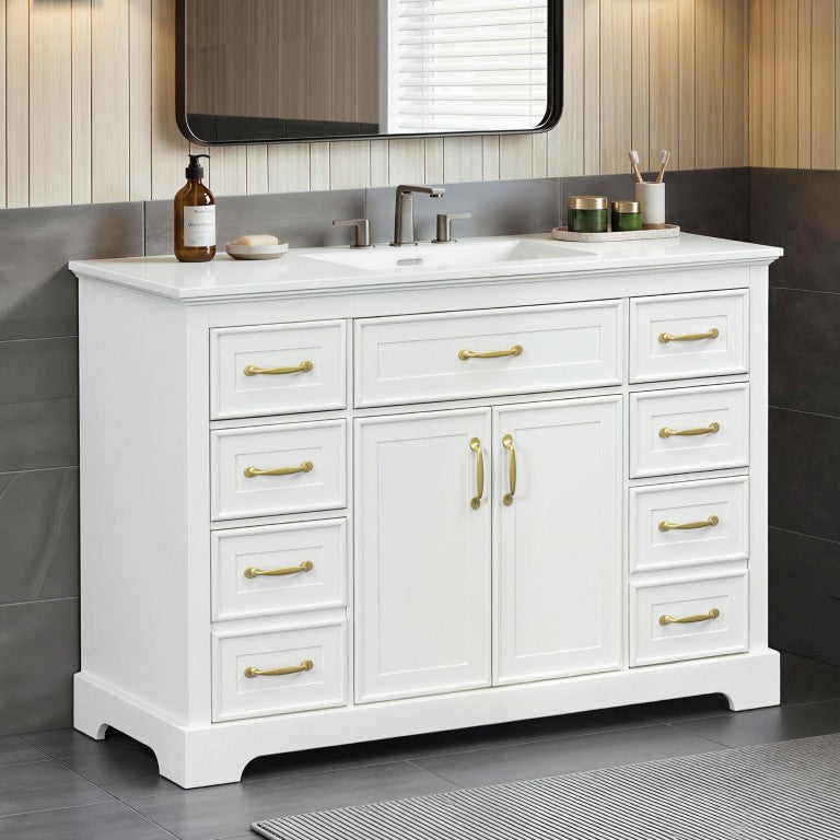 English Elm Video 48 Inch Freestanding Bathroom Vanity White MDF Gold Hardware Soft Close Storage Vanity with Sink N725S525855K