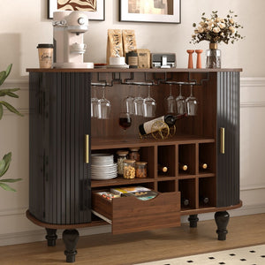 English Elm 39" Fluted Mdf Bar Cabinet with Wine Racks Glass Holders and Hidden Side Storage Black N728P458089B