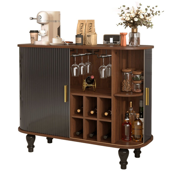 English Elm 39" Fluted Mdf Bar Cabinet with Wine Racks Glass Holders and Hidden Side Storage Black N728P458089B