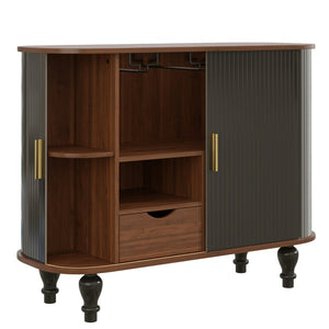 English Elm 39" Fluted Mdf Bar Cabinet with Wine Racks Glass Holders and Hidden Side Storage Black N728P458089B