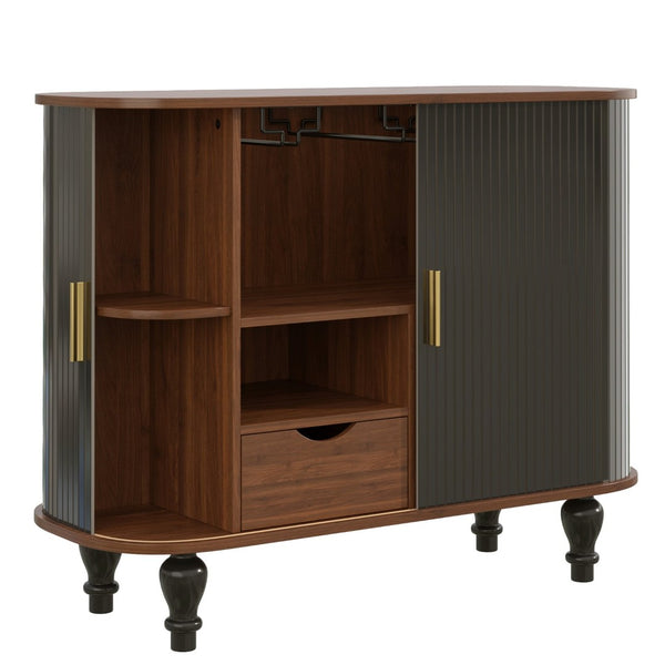 English Elm 39" Fluted Mdf Bar Cabinet with Wine Racks Glass Holders and Hidden Side Storage Black N728P458089B