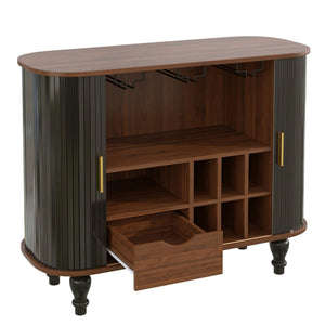 English Elm 39" Fluted Mdf Bar Cabinet with Wine Racks Glass Holders and Hidden Side Storage Black N728P458089B