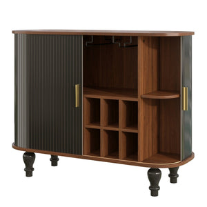 English Elm 39" Fluted Mdf Bar Cabinet with Wine Racks Glass Holders and Hidden Side Storage Black N728P458089B