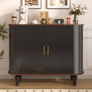English Elm 39" Fluted Mdf Bar Cabinet with Wine Racks Glass Holders and Hidden Side Storage Black N728P458089B