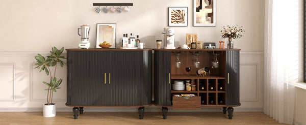 English Elm 39" Fluted Mdf Bar Cabinet with Wine Racks Glass Holders and Hidden Side Storage Black N728P458089B