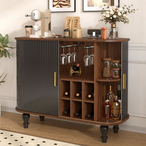 English Elm 39" Fluted Mdf Bar Cabinet with Wine Racks Glass Holders and Hidden Side Storage Black N728P458089B
