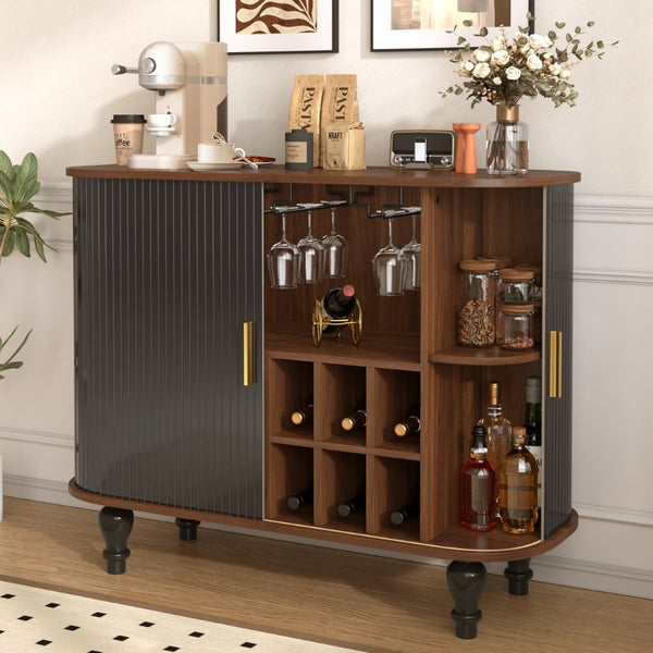 English Elm 39" Fluted Mdf Bar Cabinet with Wine Racks Glass Holders and Hidden Side Storage Black N728P458089B