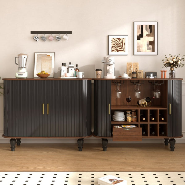 English Elm 39" Fluted Mdf Bar Cabinet with Wine Racks Glass Holders and Hidden Side Storage Black N728P458089B
