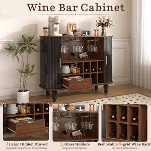 English Elm 39" Fluted Mdf Bar Cabinet with Wine Racks Glass Holders and Hidden Side Storage Black N728P458089B