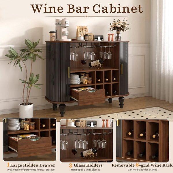 English Elm 39" Fluted Mdf Bar Cabinet with Wine Racks Glass Holders and Hidden Side Storage Black N728P458089B