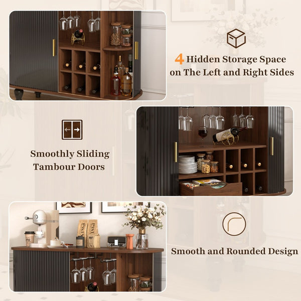 English Elm 39" Fluted Mdf Bar Cabinet with Wine Racks Glass Holders and Hidden Side Storage Black N728P458089B